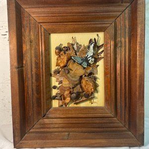 Vintage Dried Flower Acorn Moss Leaves Fungi Picture with Faux Blue Butterfly